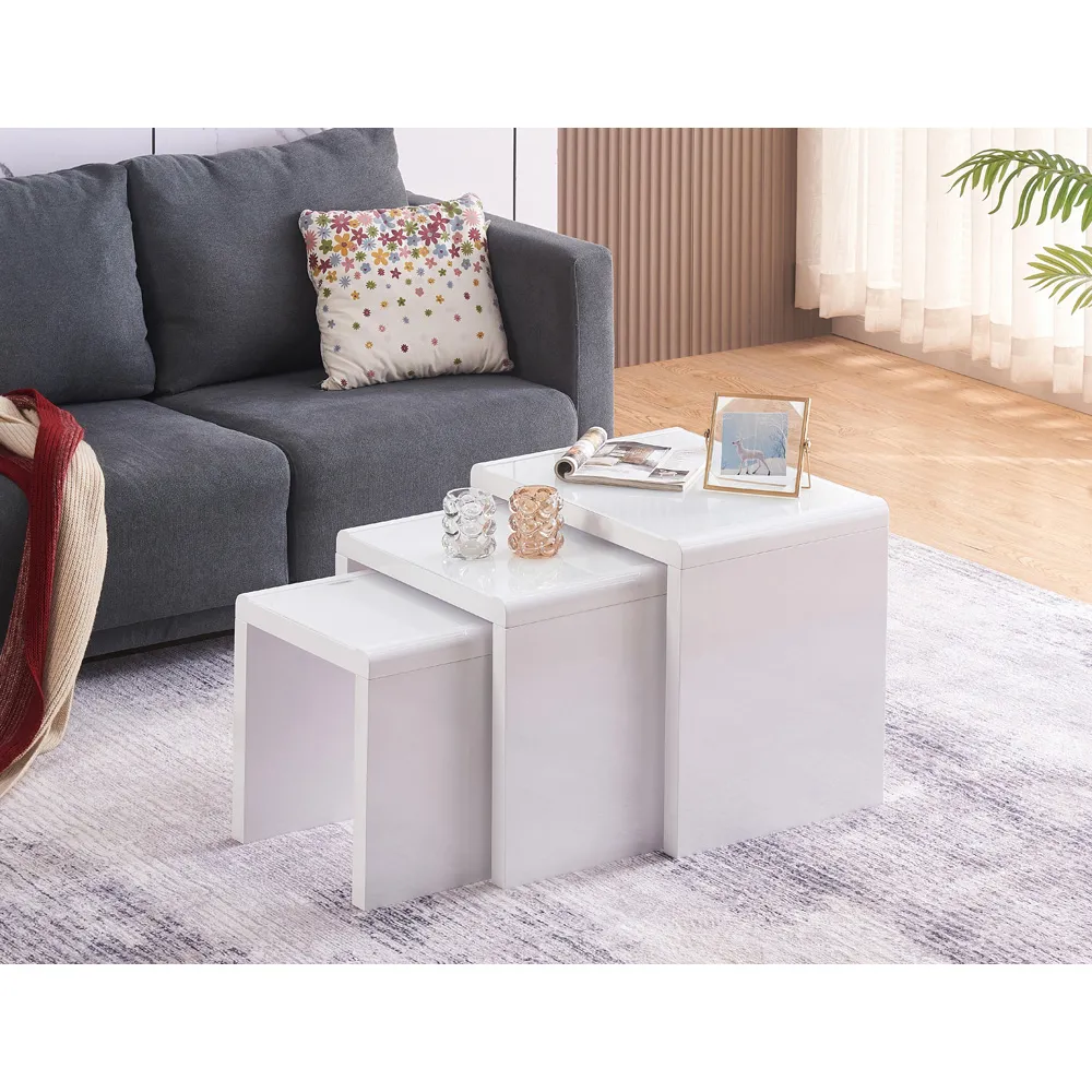 High Gloss Glass Nest of Tables Set of 3 - White