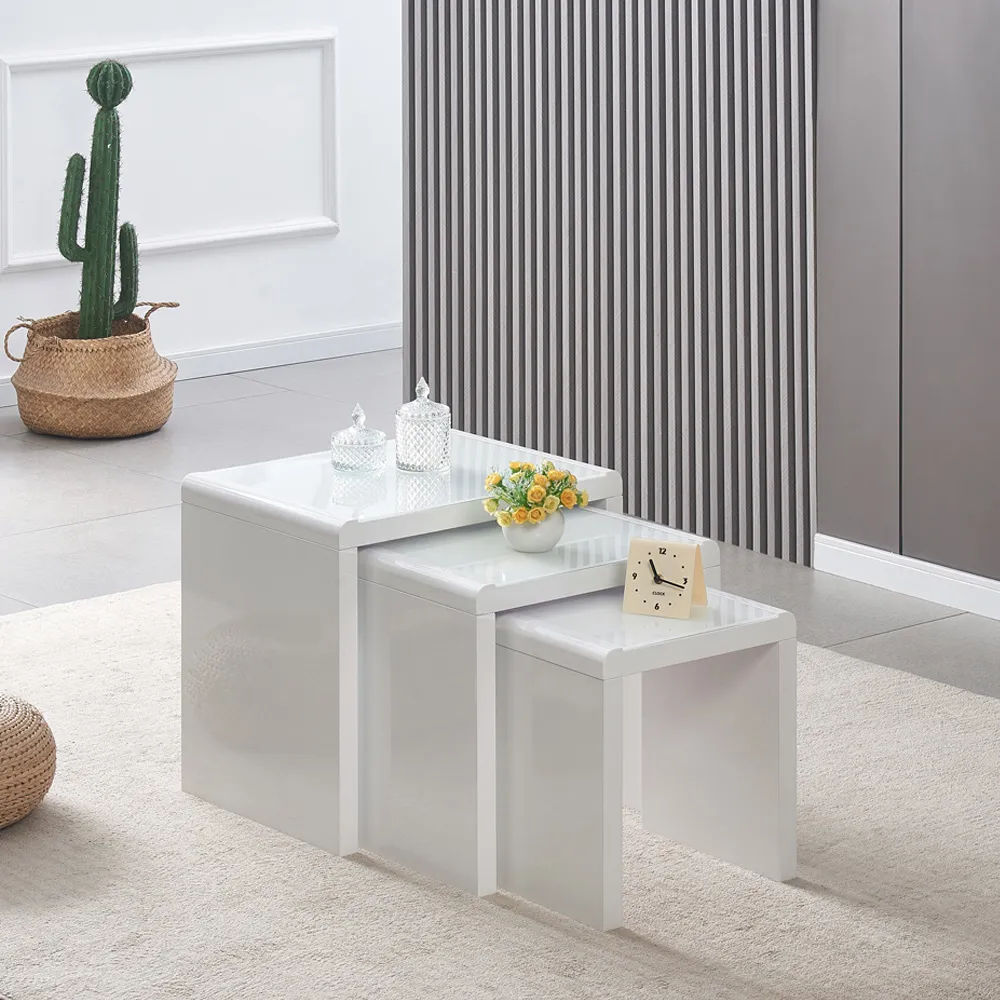 High Gloss Glass Nest of Tables Set of 3 - White