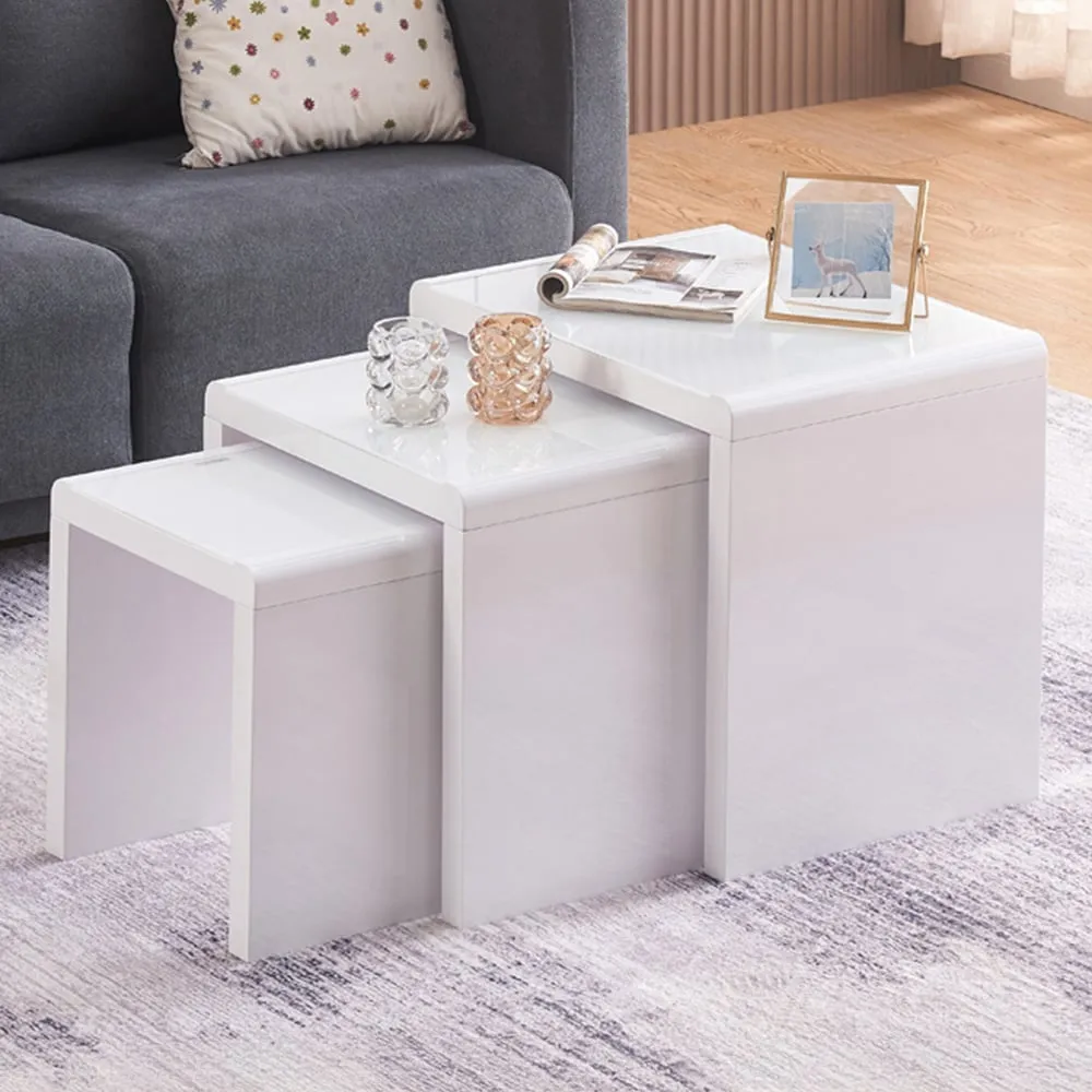 High Gloss Glass Nest of Tables Set of 3 - White