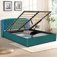 King Size Bed Frame with LED Headboard and Storage - Green, Fabric