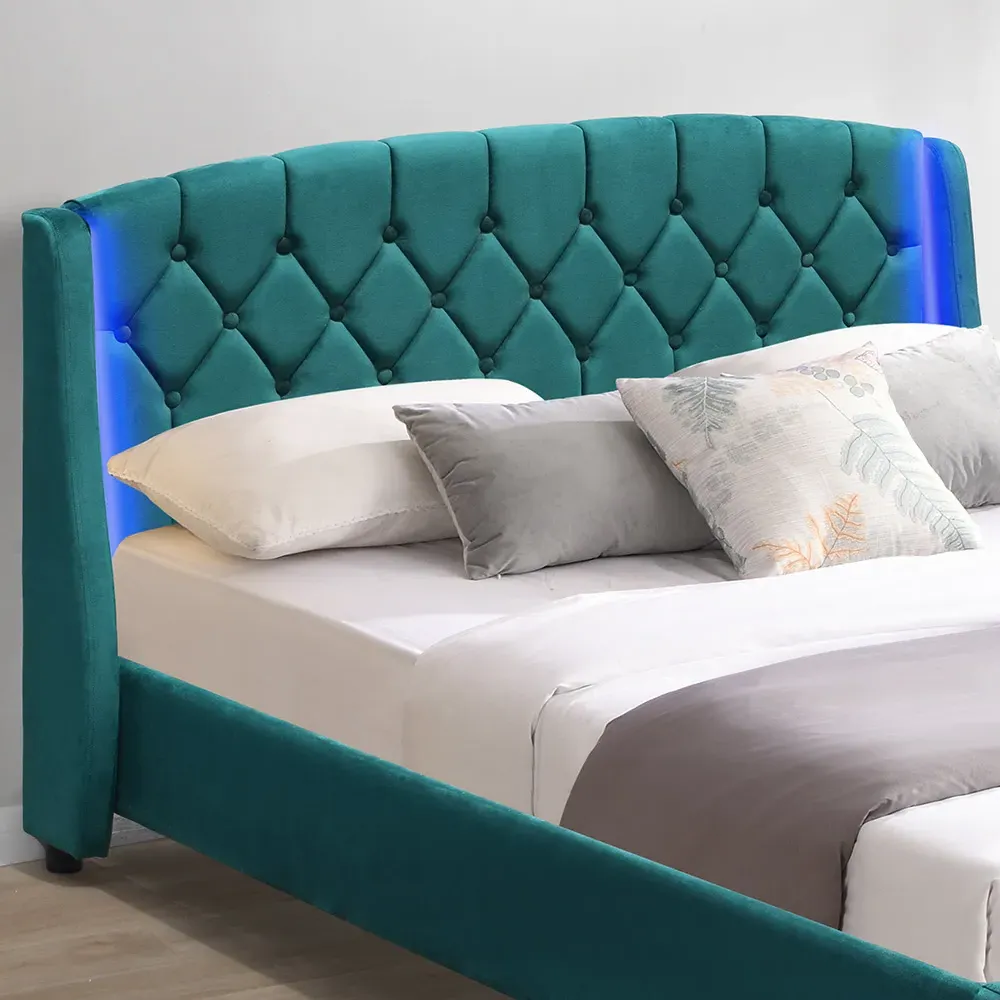 King Size Bed Frame with LED Headboard - Green, Fabric