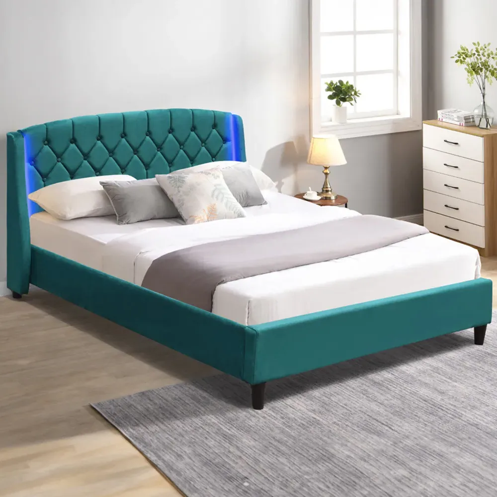 King Size Bed Frame with LED Headboard - Green, Fabric