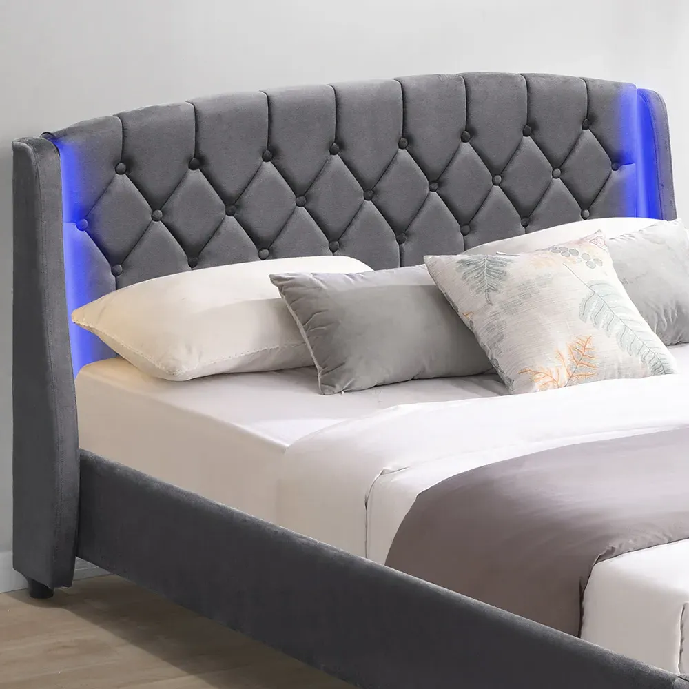 King Size Fabric Bed Frame with LED Headboard - Grey