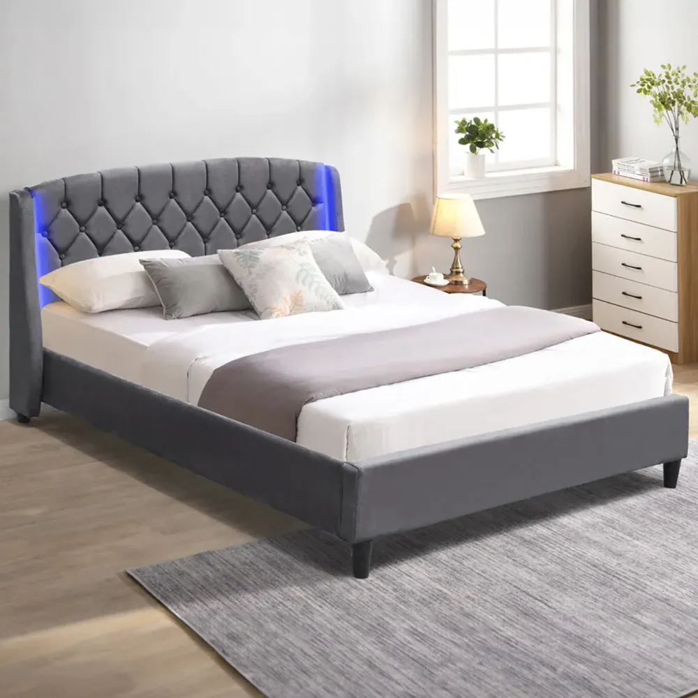 King Size Fabric Bed Frame with LED Headboard - Grey image