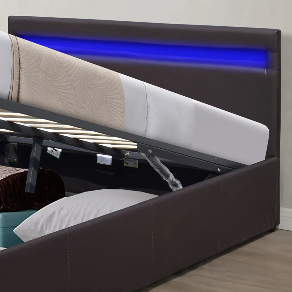 King Size Ottoman Bed Frame with LED - Brown, Faux Leather