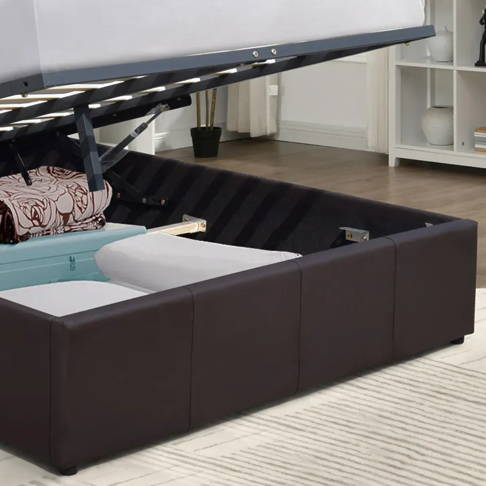 King Size Ottoman Bed Frame with LED - Brown, Faux Leather