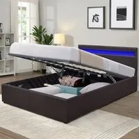 King Size Ottoman Bed Frame with LED - Brown, Faux Leather