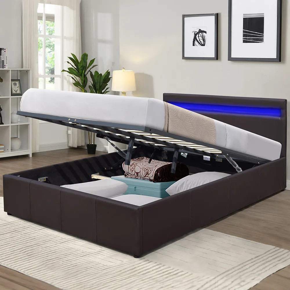 King Size Ottoman Bed Frame with LED - Brown, Faux Leather