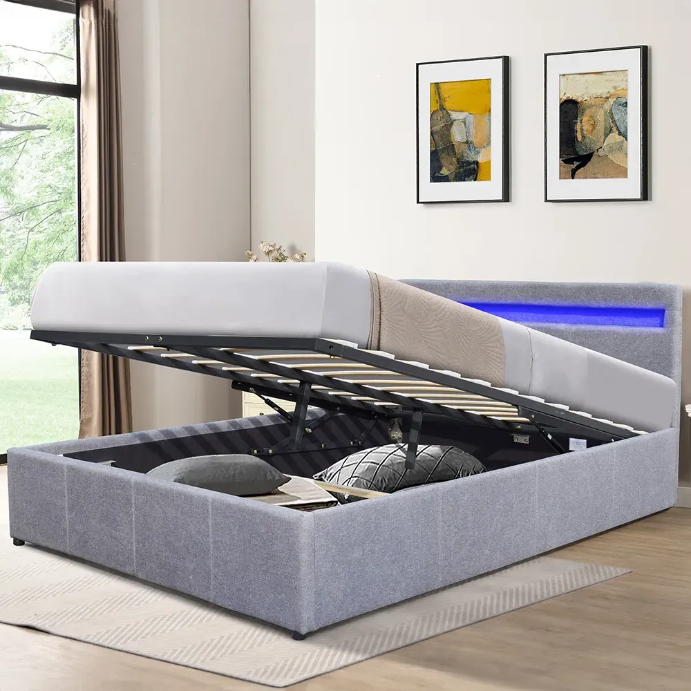 King Size Ottoman Bed Frame with LED Storage - Grey