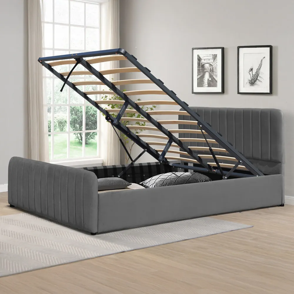King Size Ottoman Bed Frame with Storage - Grey, Velvet