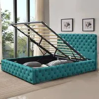 King Size Tufted Bed Frame with Storage - Green, Fabric