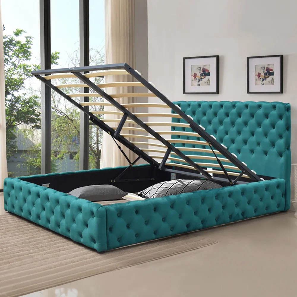 King Size Tufted Bed Frame with Storage - Green, Fabric
