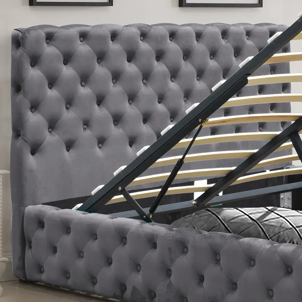 King Size Tufted Bed Frame with Storage - Grey, Fabric