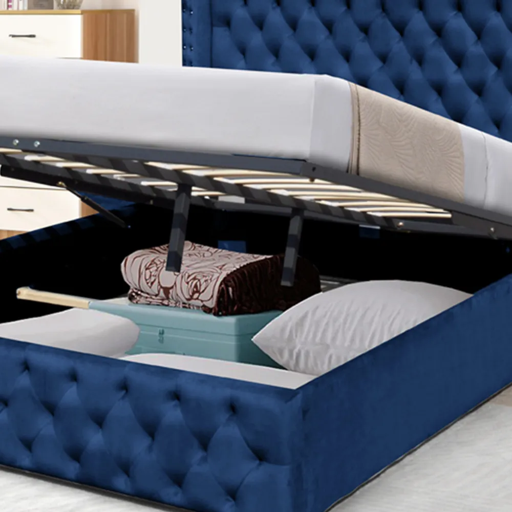 King Size Winged Ottoman Bed Frame with Storage - Blue, Velvet