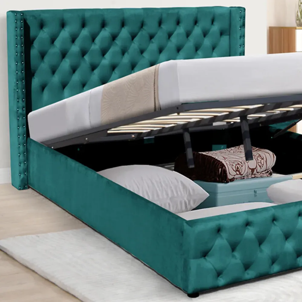 King Size Winged Ottoman Bed Frame with Storage - Green, Velvet