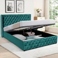 King Size Winged Ottoman Bed Frame with Storage - Green, Velvet