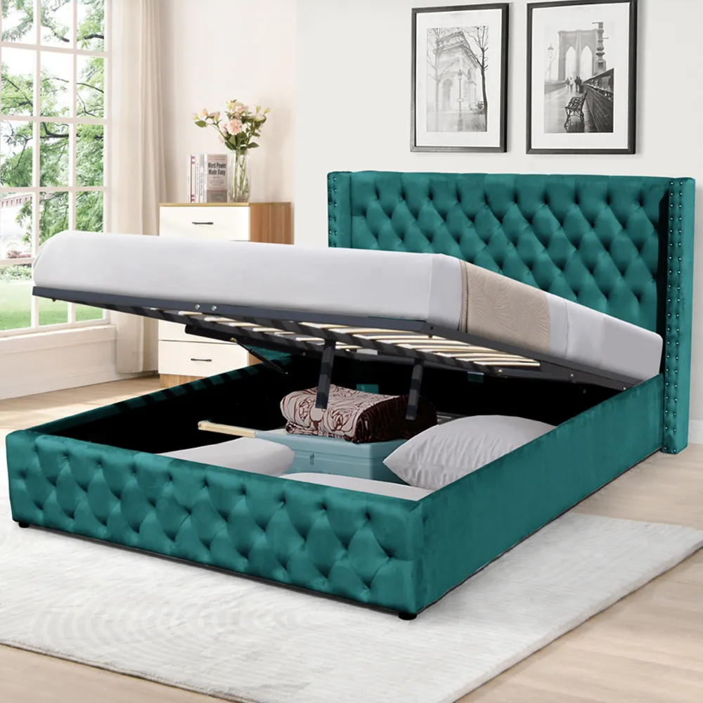 King Size Winged Ottoman Bed Frame with Storage - Green, Velvet