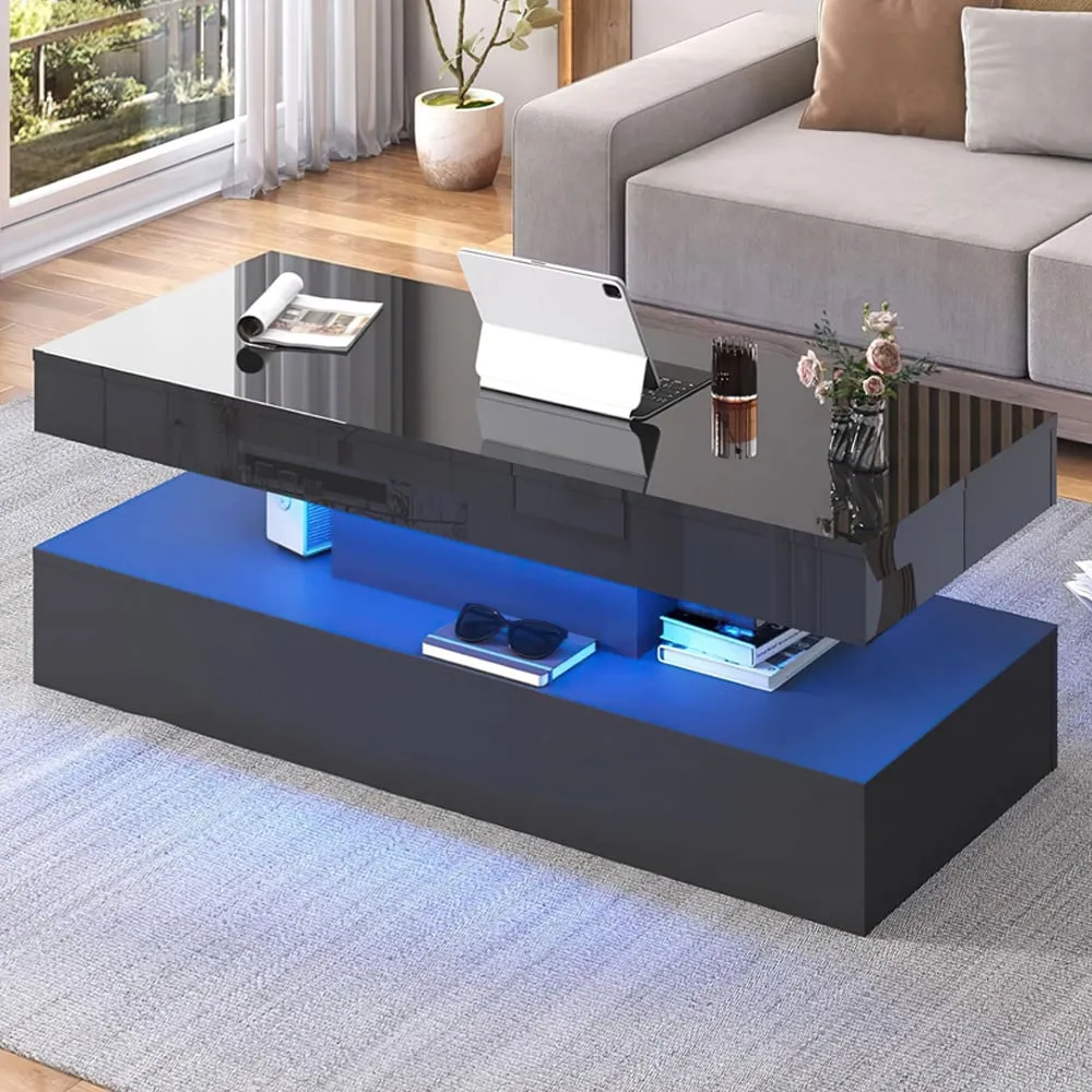 LED Coffee Table with Storage - Black, High Gloss image