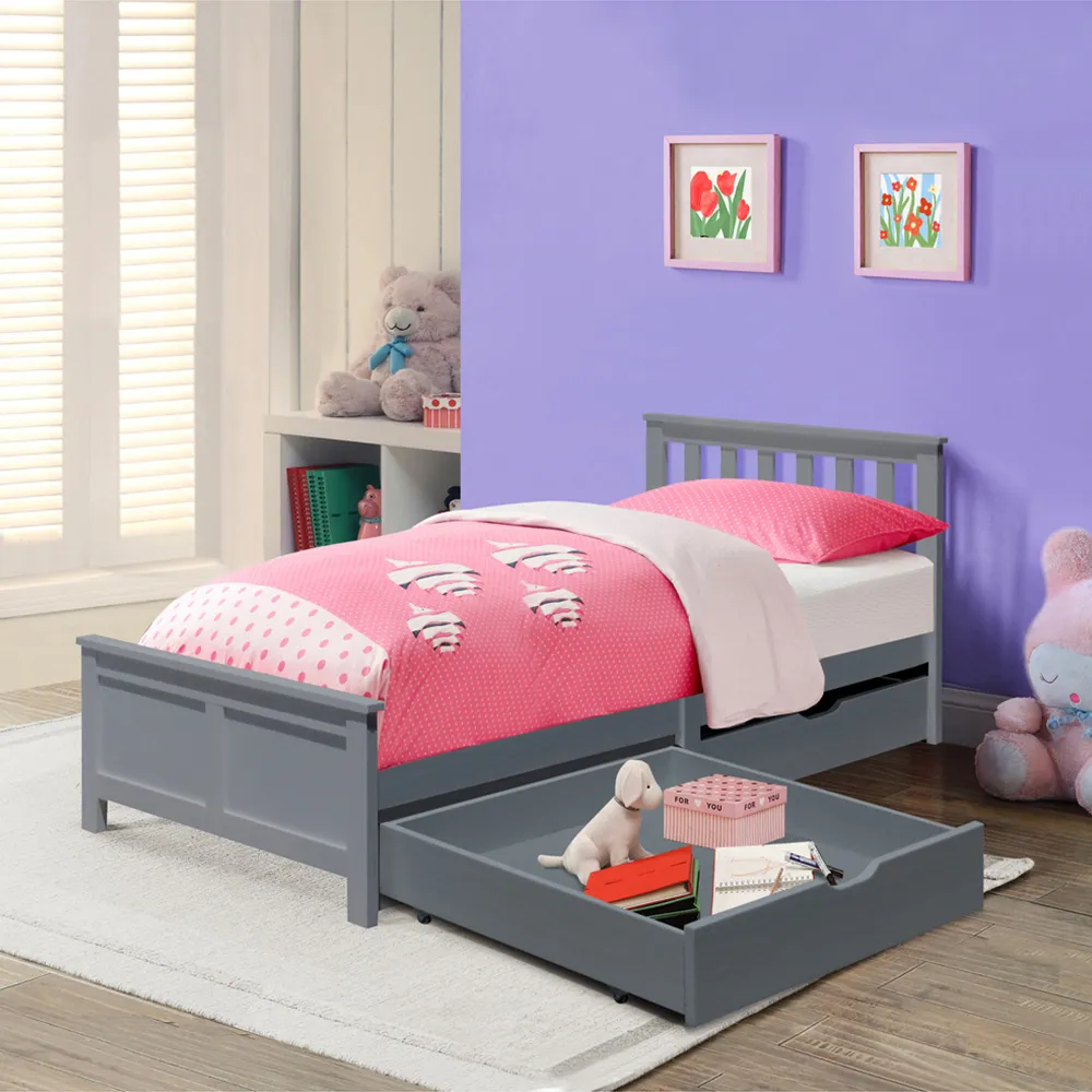 Single Bed Frame with 2 Drawers - Grey, Wood