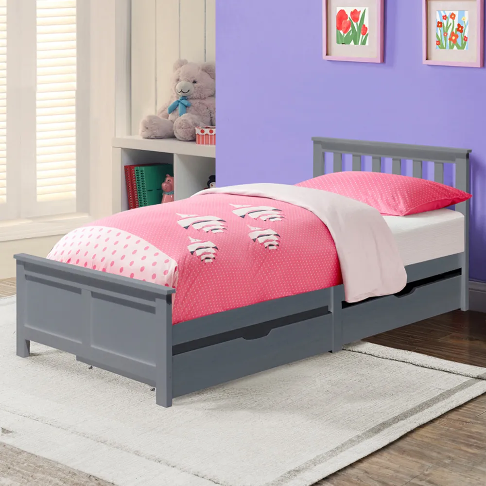Single Bed Frame with 2 Drawers - Grey, Wood