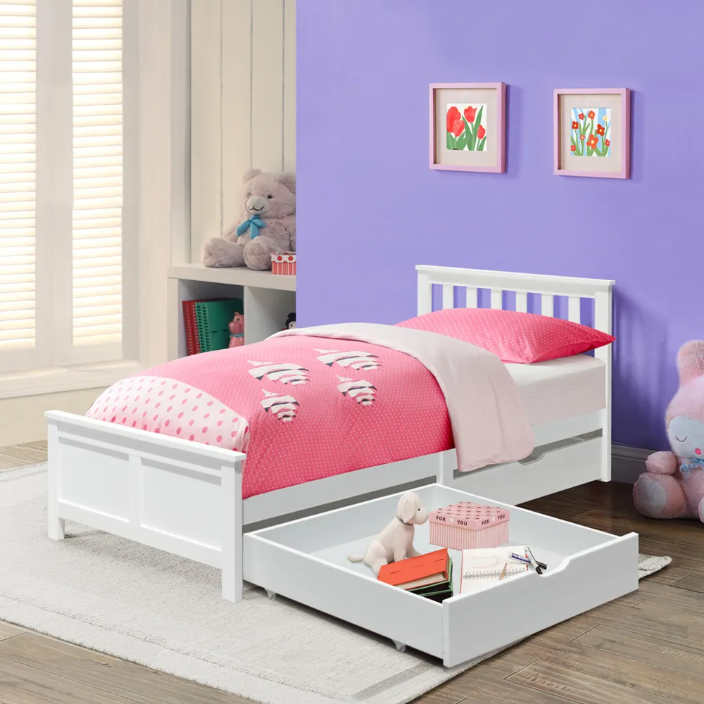 Single Bed Frame with 2 Drawers - White, Wood