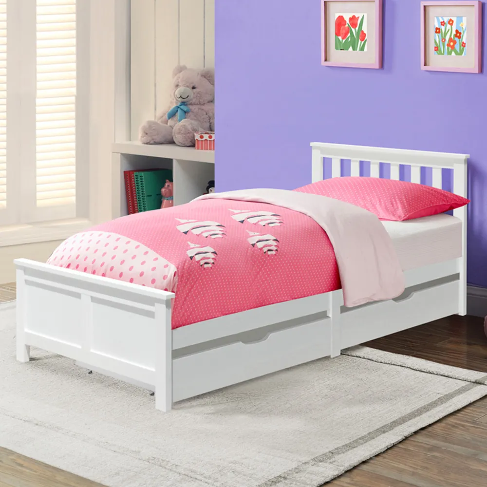Single Bed Frame with 2 Drawers - White, Wood