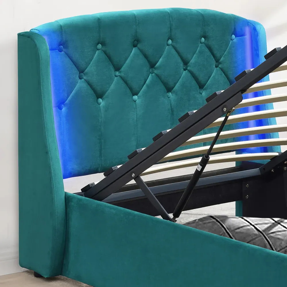 Single Bed Frame with LED Headboard and Storage - Green, Fabric