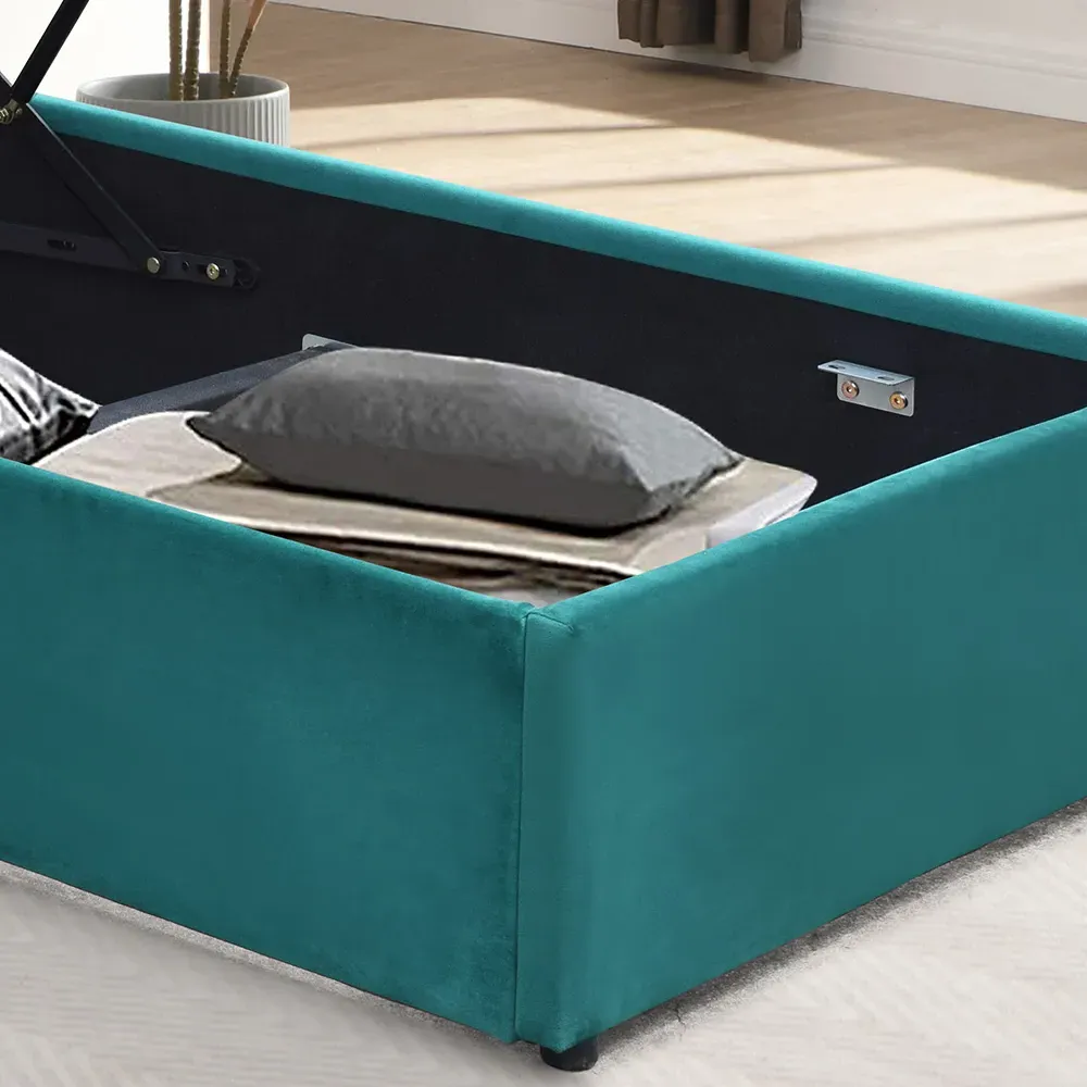 Single Bed Frame with LED Headboard and Storage - Green, Fabric