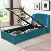 Single Bed Frame with LED Headboard and Storage - Green, Fabric