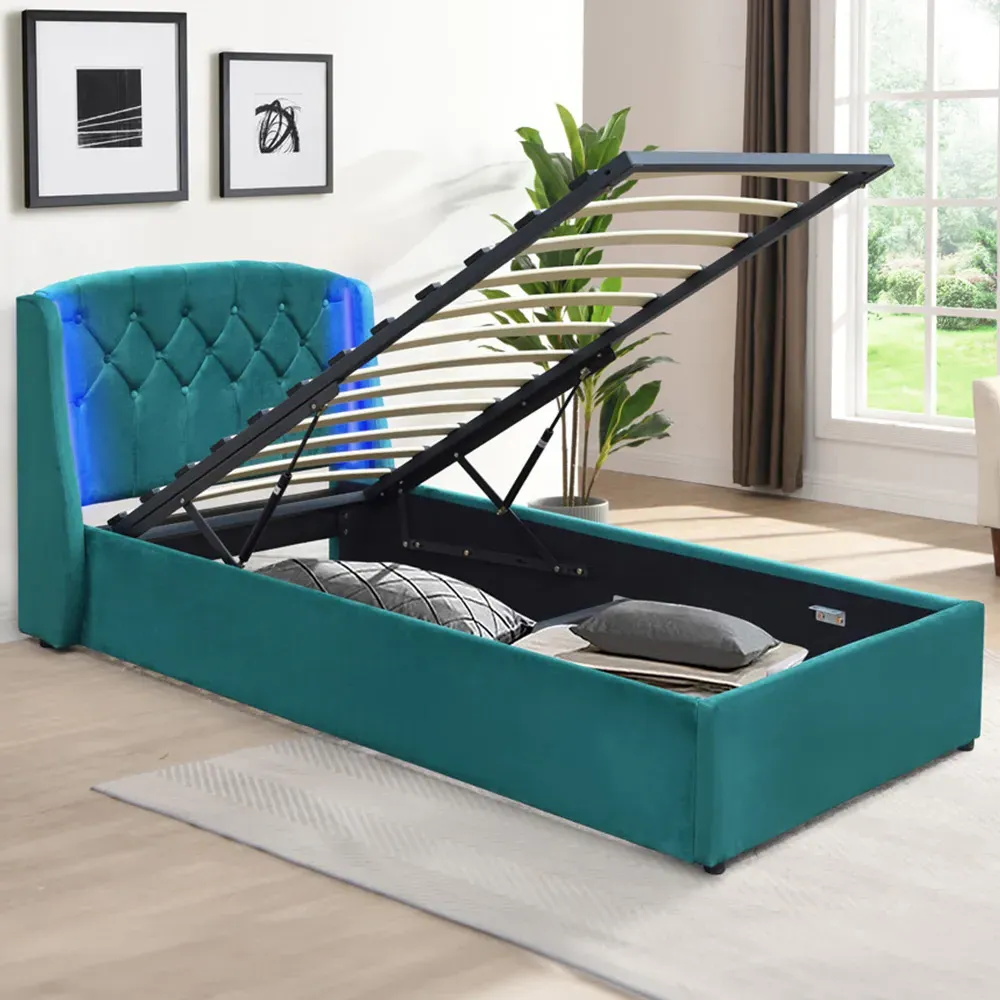 Single Bed Frame with LED Headboard and Storage - Green, Fabric image