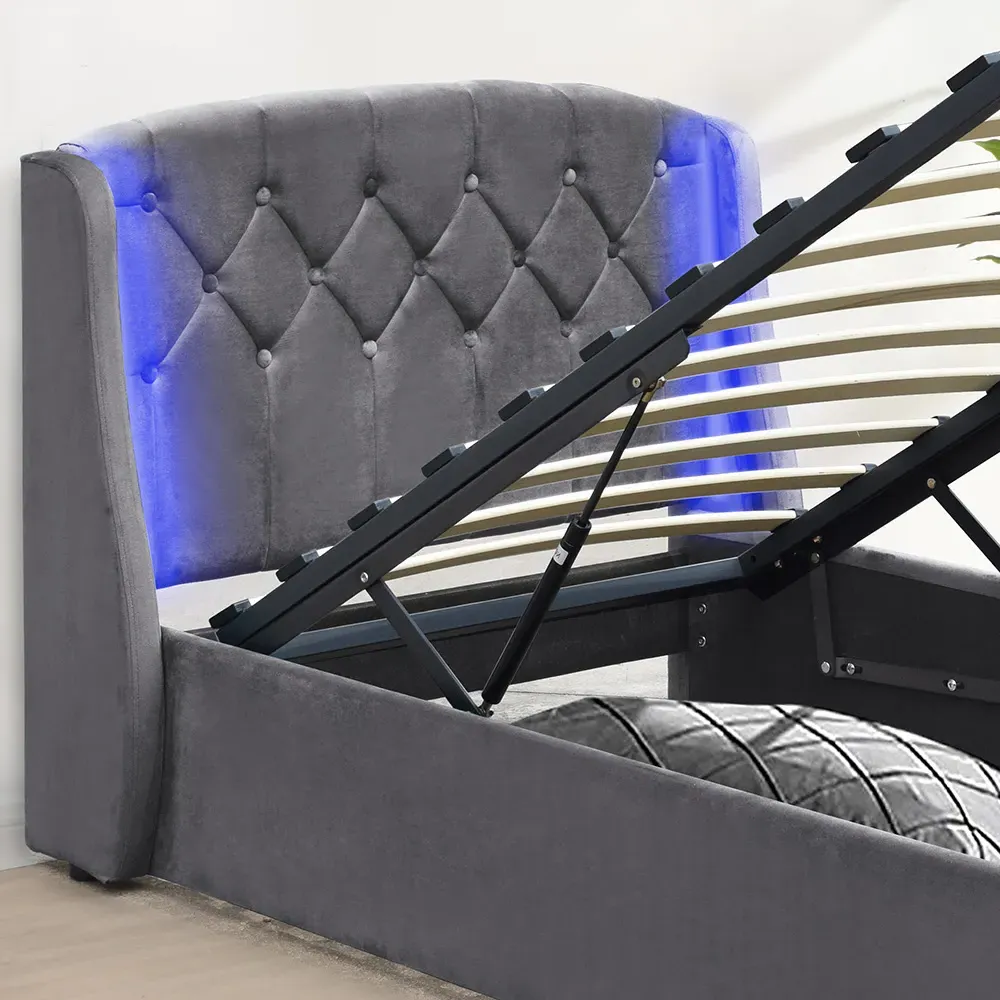 Single Bed Frame with LED Headboard and Storage - Grey, Fabric