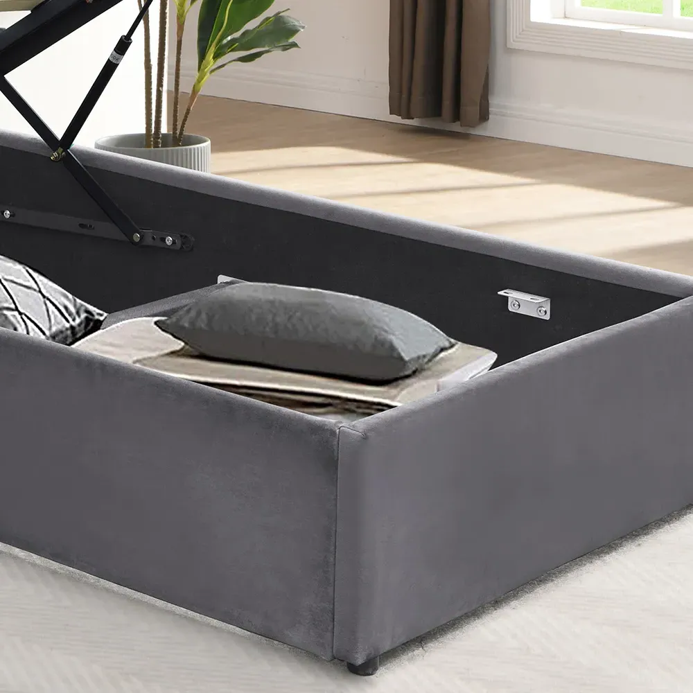 Single Bed Frame with LED Headboard and Storage - Grey, Fabric