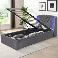 Single Bed Frame with LED Headboard and Storage - Grey, Fabric