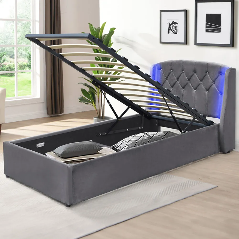 Single Bed Frame with LED Headboard and Storage - Grey, Fabric