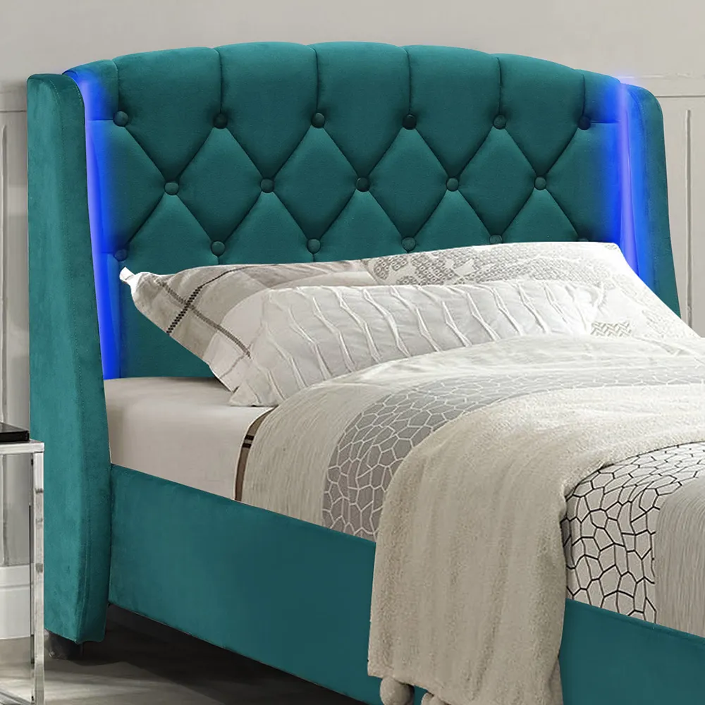 Single Bed Frame with LED Headboard - Green, Fabric
