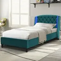 Single Bed Frame with LED Headboard - Green, Fabric