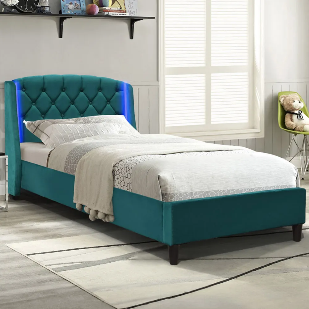 Single Bed Frame with LED Headboard - Green, Fabric image