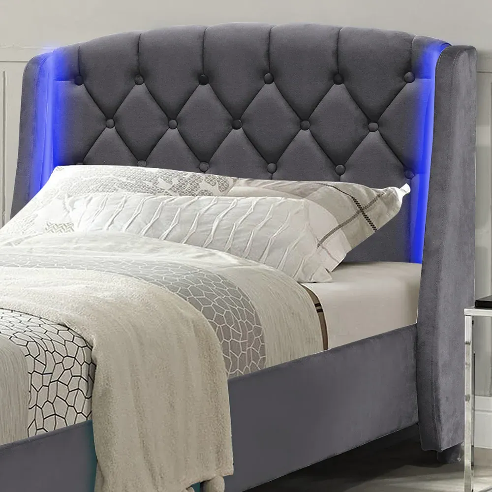 Single Bed Frame with LED Headboard - Grey, Fabric