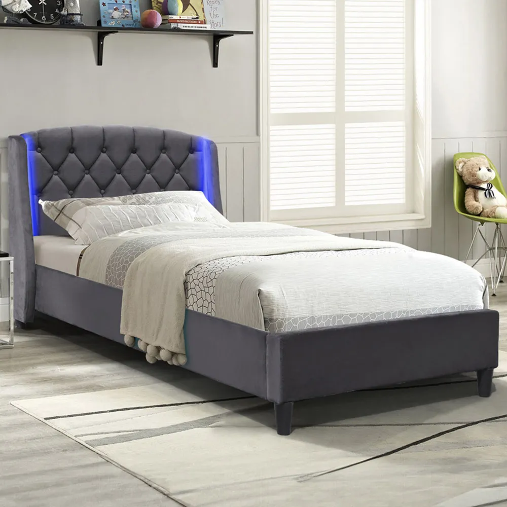 Single Bed Frame with LED Headboard - Grey, Fabric