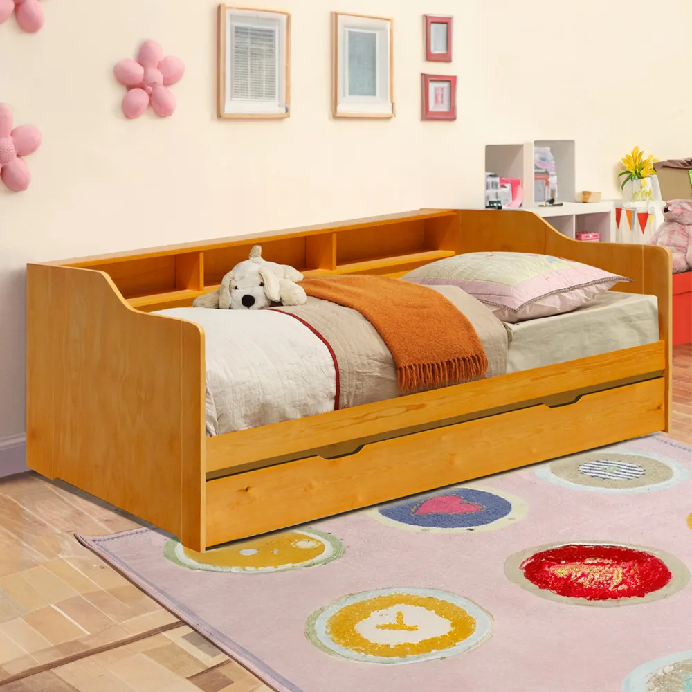 Single Bed Frame with Trundle and Shelves - Brown, Wood