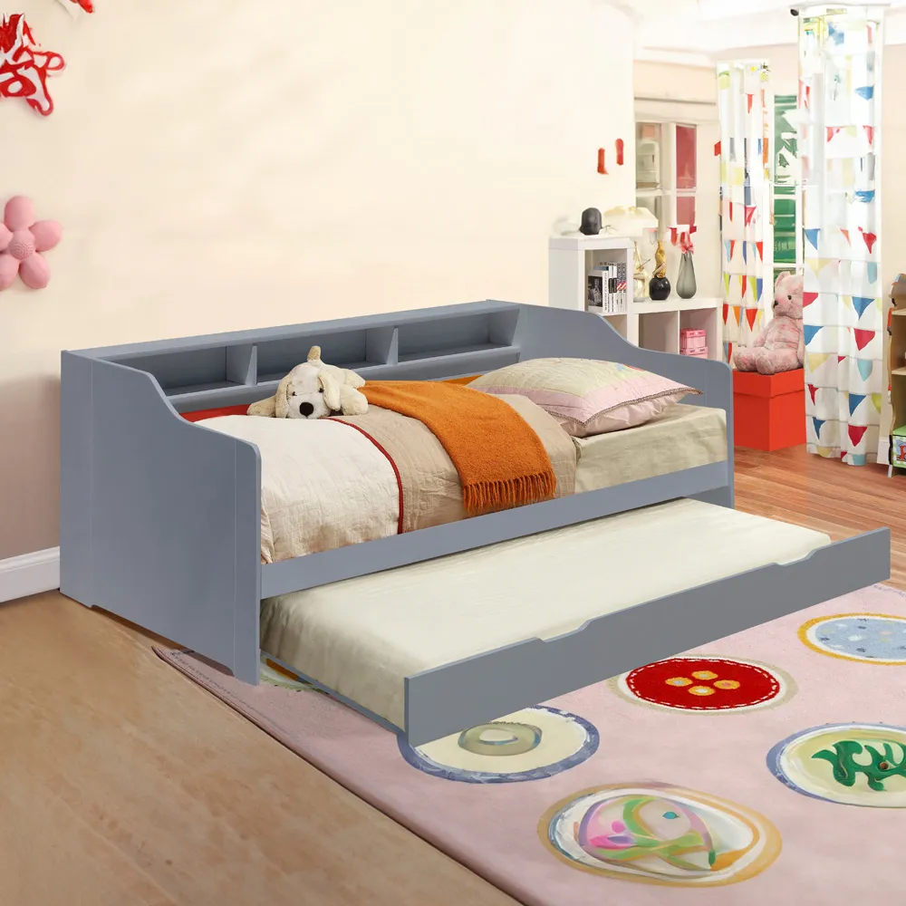 Single Bed Frame with Trundle and Shelves - Grey, Wood
