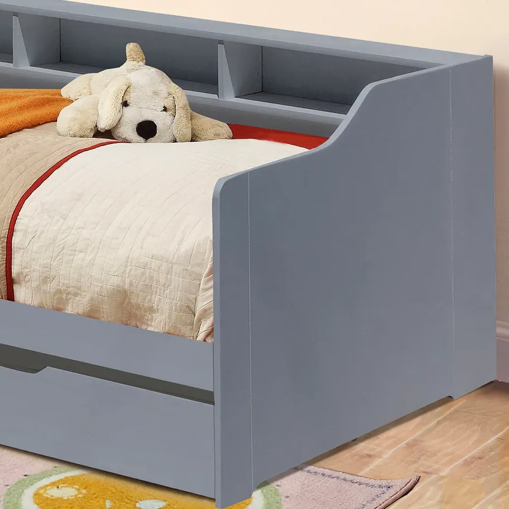 Single Bed Frame with Trundle and Shelves - Grey, Wood