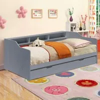 Single Bed Frame with Trundle and Shelves - Grey, Wood