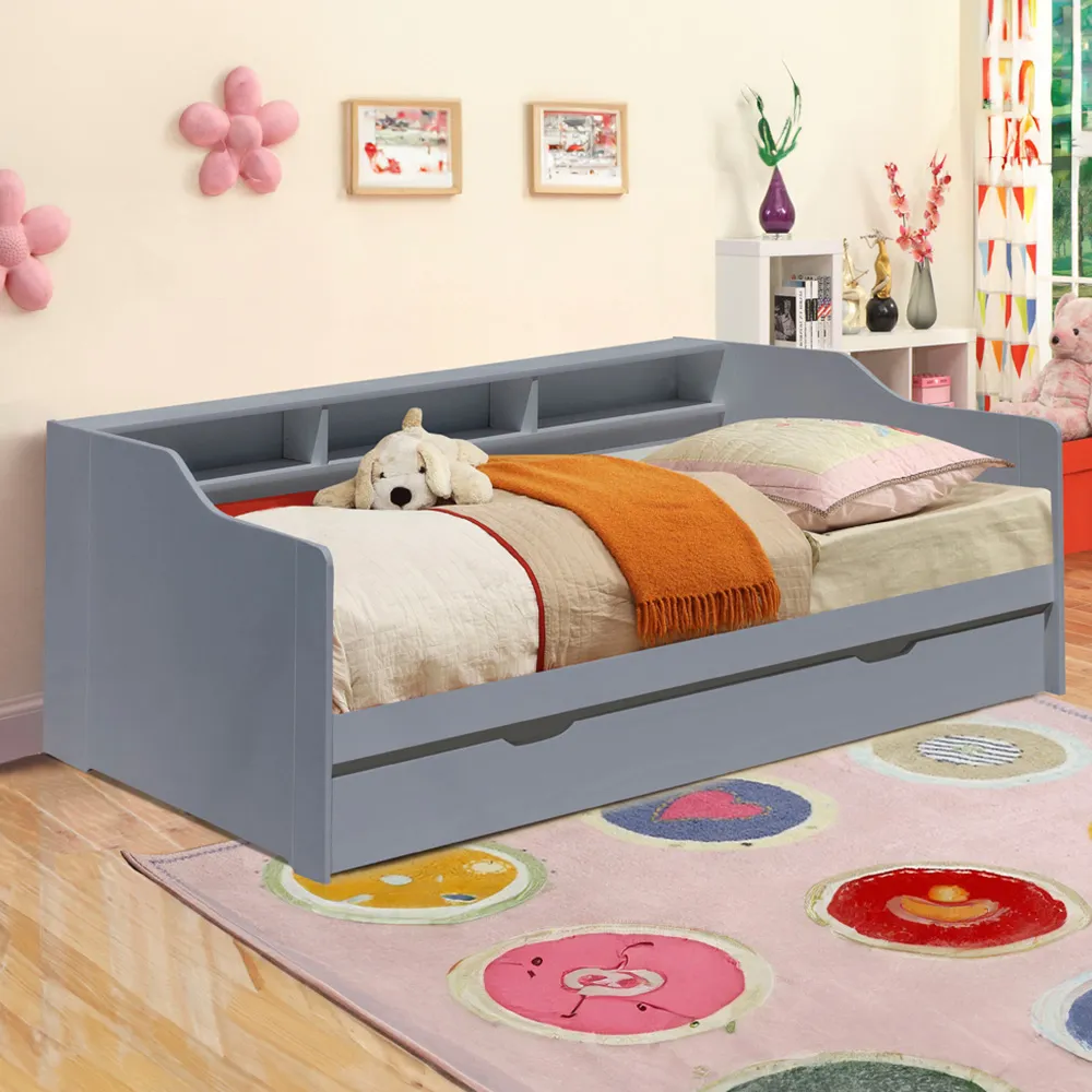 Single Bed Frame with Trundle and Shelves - Grey, Wood