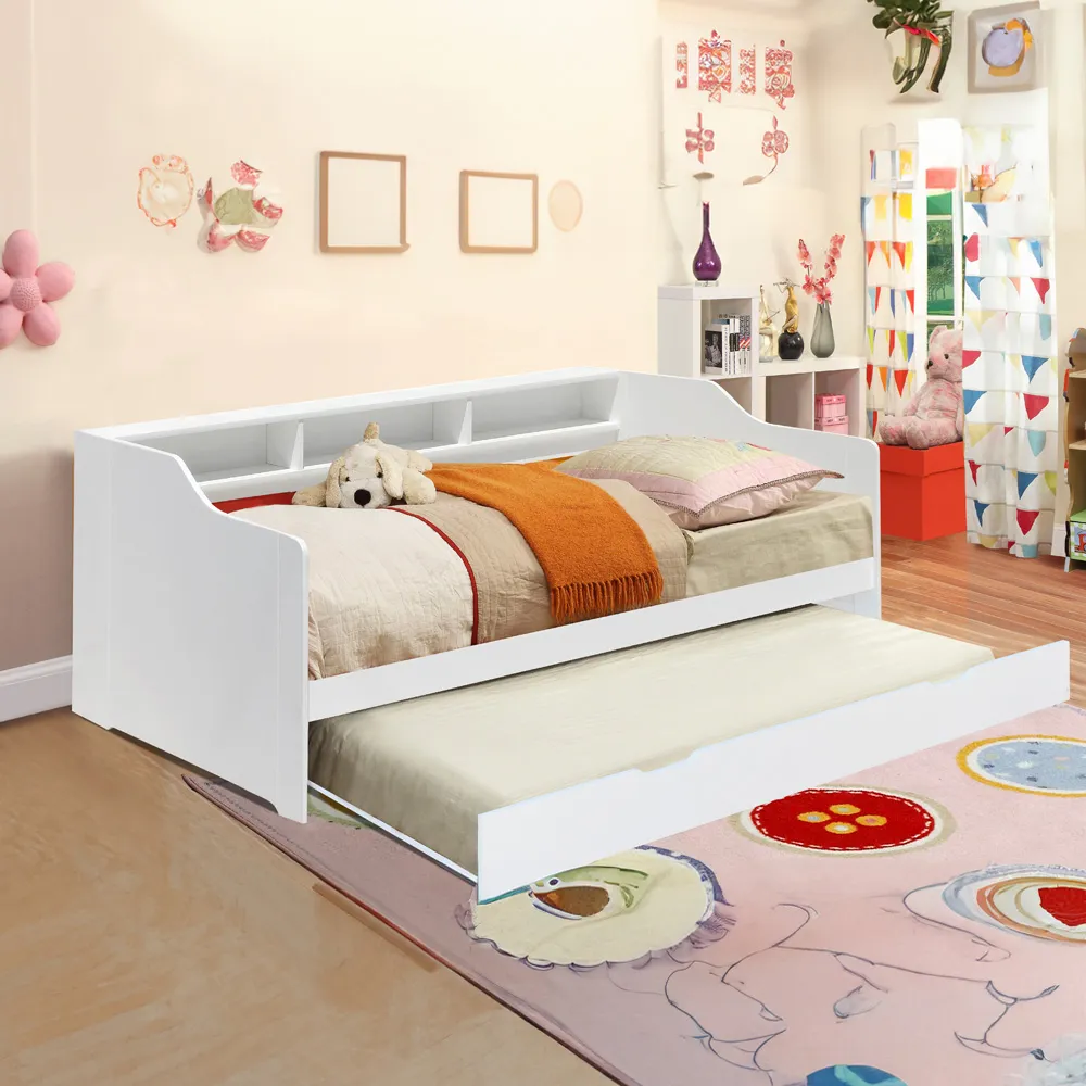 Single Bed Frame with Trundle and Shelves - White, Wood