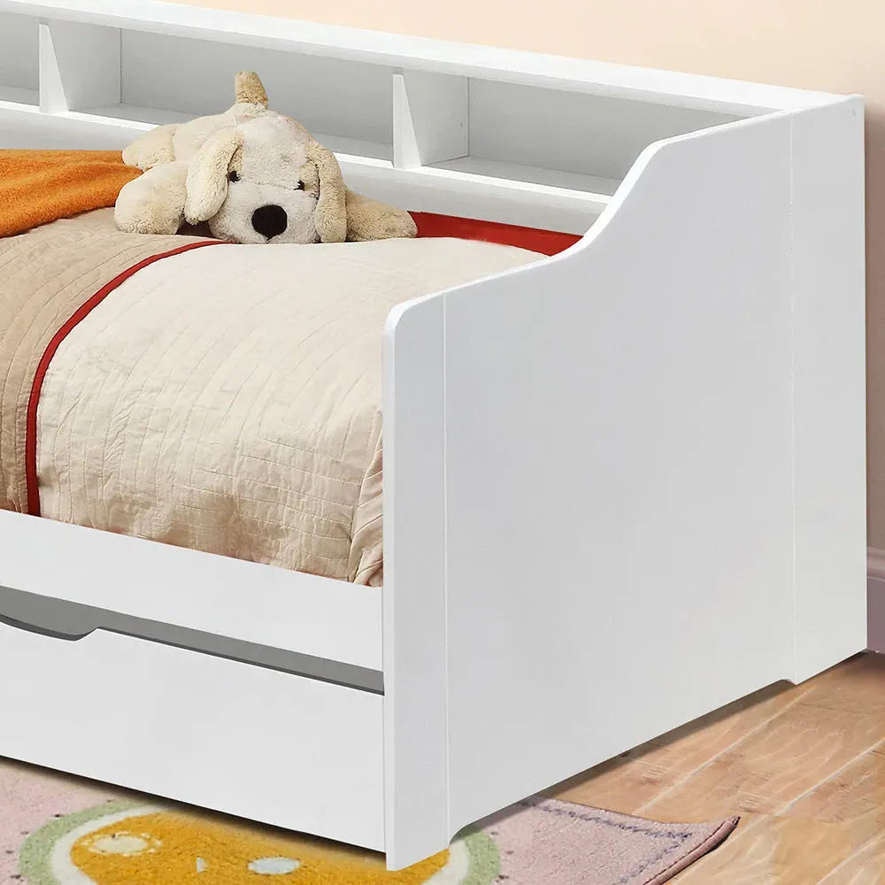 Single Bed Frame with Trundle and Shelves - White, Wood