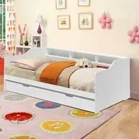 Single Bed Frame with Trundle and Shelves - White, Wood