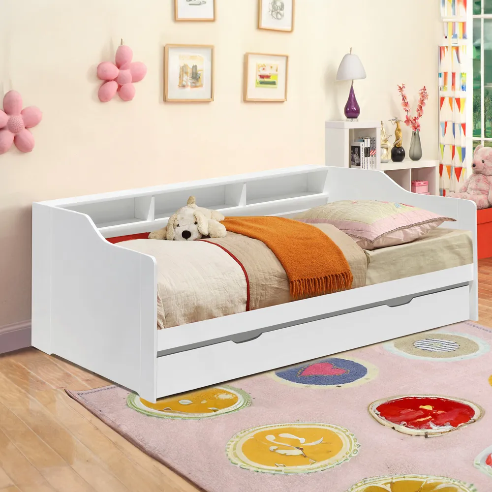 Single Bed Frame with Trundle and Shelves - White, Wood