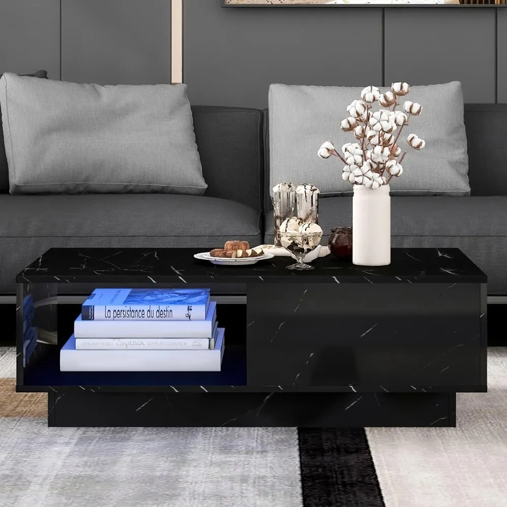 Single Drawer Coffee Table with LED - Black, High Gloss image