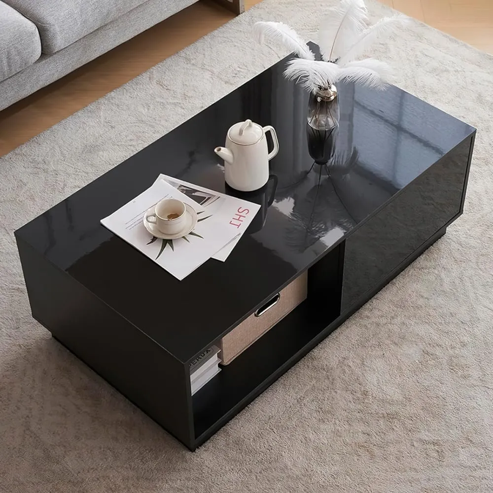 Single Drawer Coffee Table with LED - Black, High Gloss image